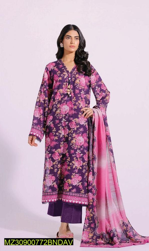 3 Pcs Women's Unstitched Khaddar Printed Suit