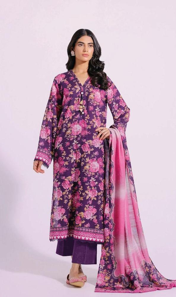 3 Pcs Women's Unstitched Khaddar Printed Suit - Image 2
