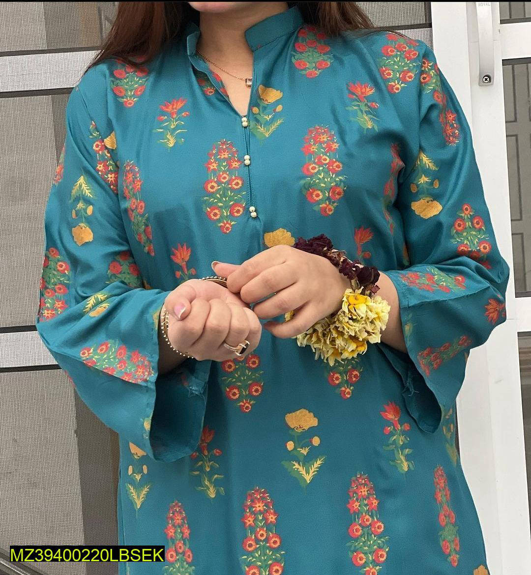 2 Pcs Women's Stitched Linen Printed Suit - Image 3