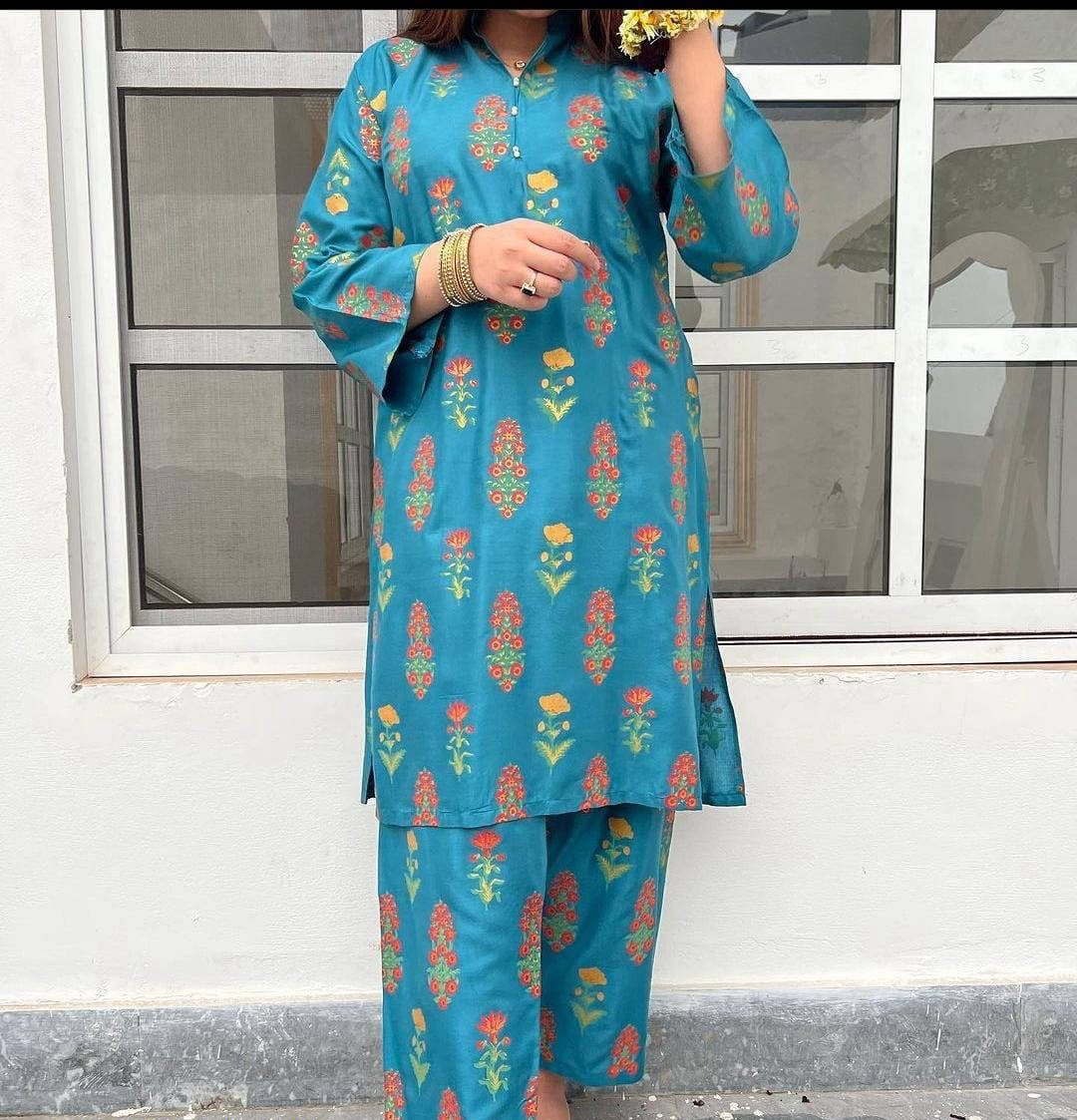 2 Pcs Women's Stitched Linen Printed Suit