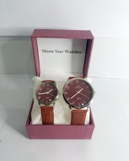 Stylish  brown Leather Quartz watches For Couples -2Pcs Set