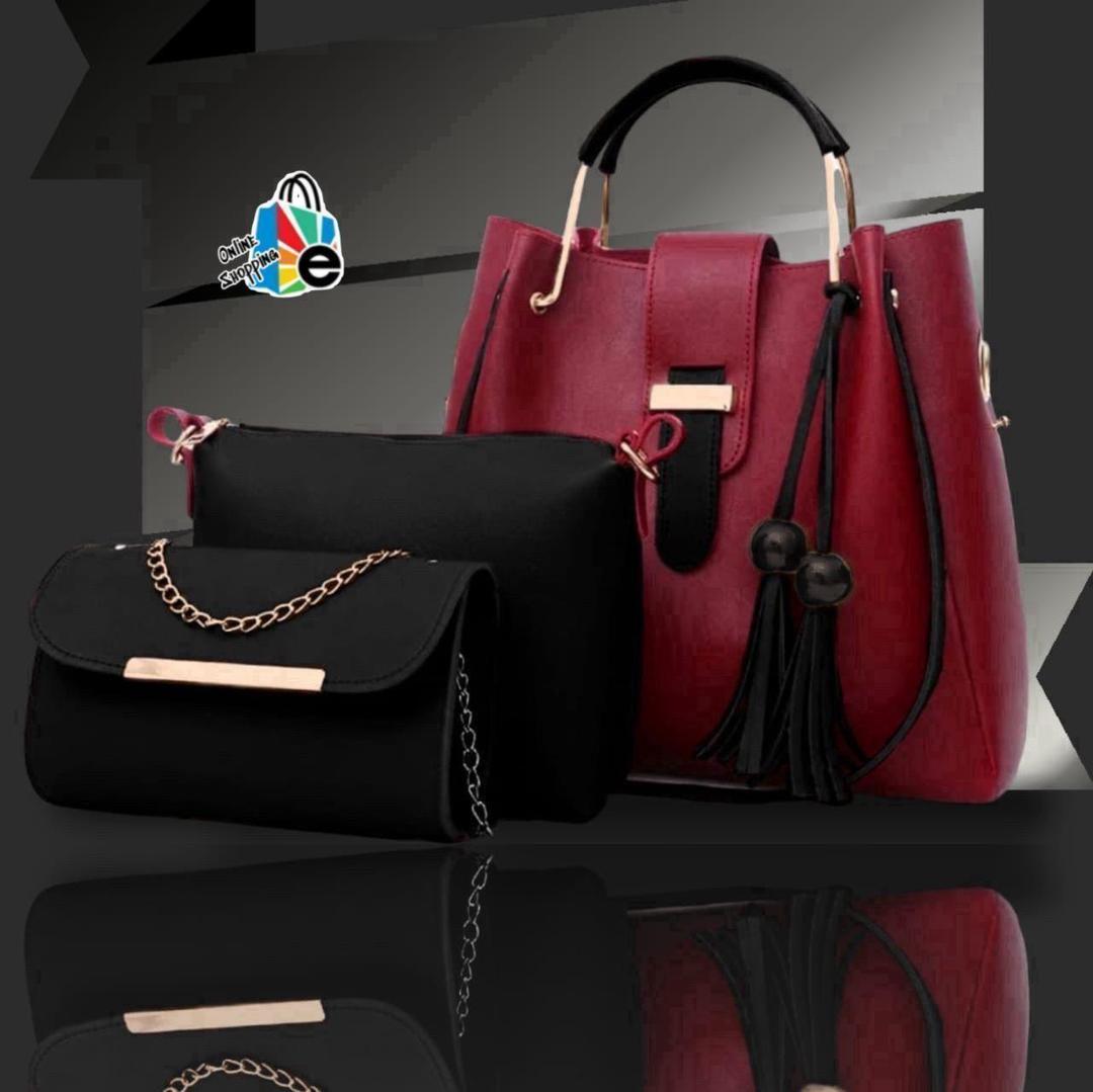 Stylish Girl's Rexine Hand Bag Set - 3 Pcs In Maroon - Image 2